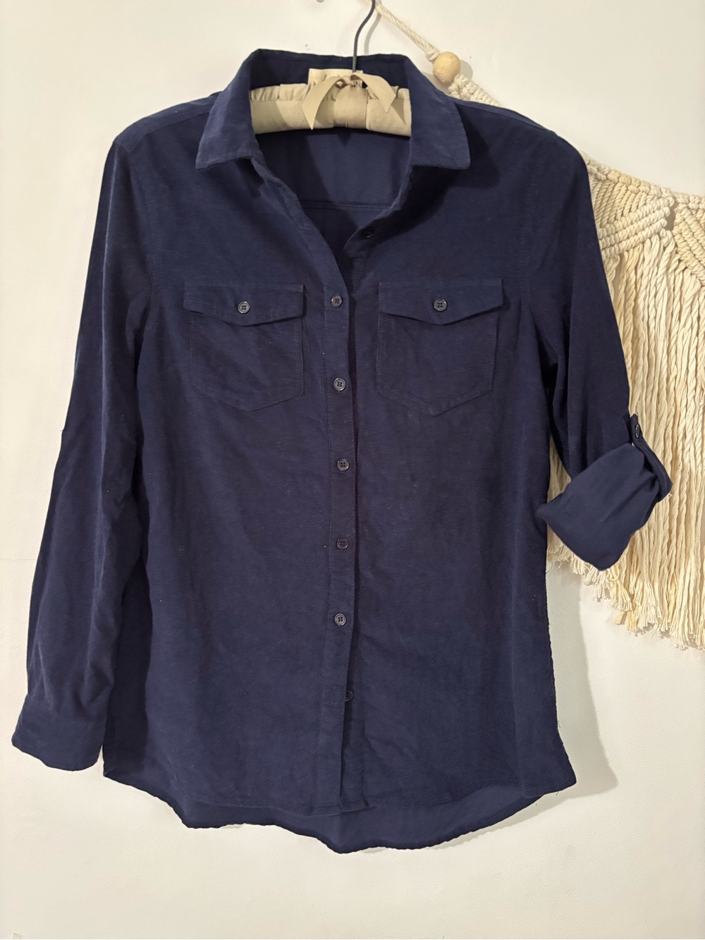 Love Notes Navy Button-Down Shirt with Chest Pockets- 100% Cotton Corduroy